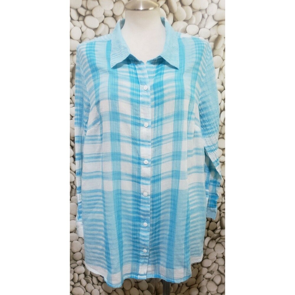 Catherines Top Size 0X Blue White Plaid Long Sleeve Button Lightweight Cotton